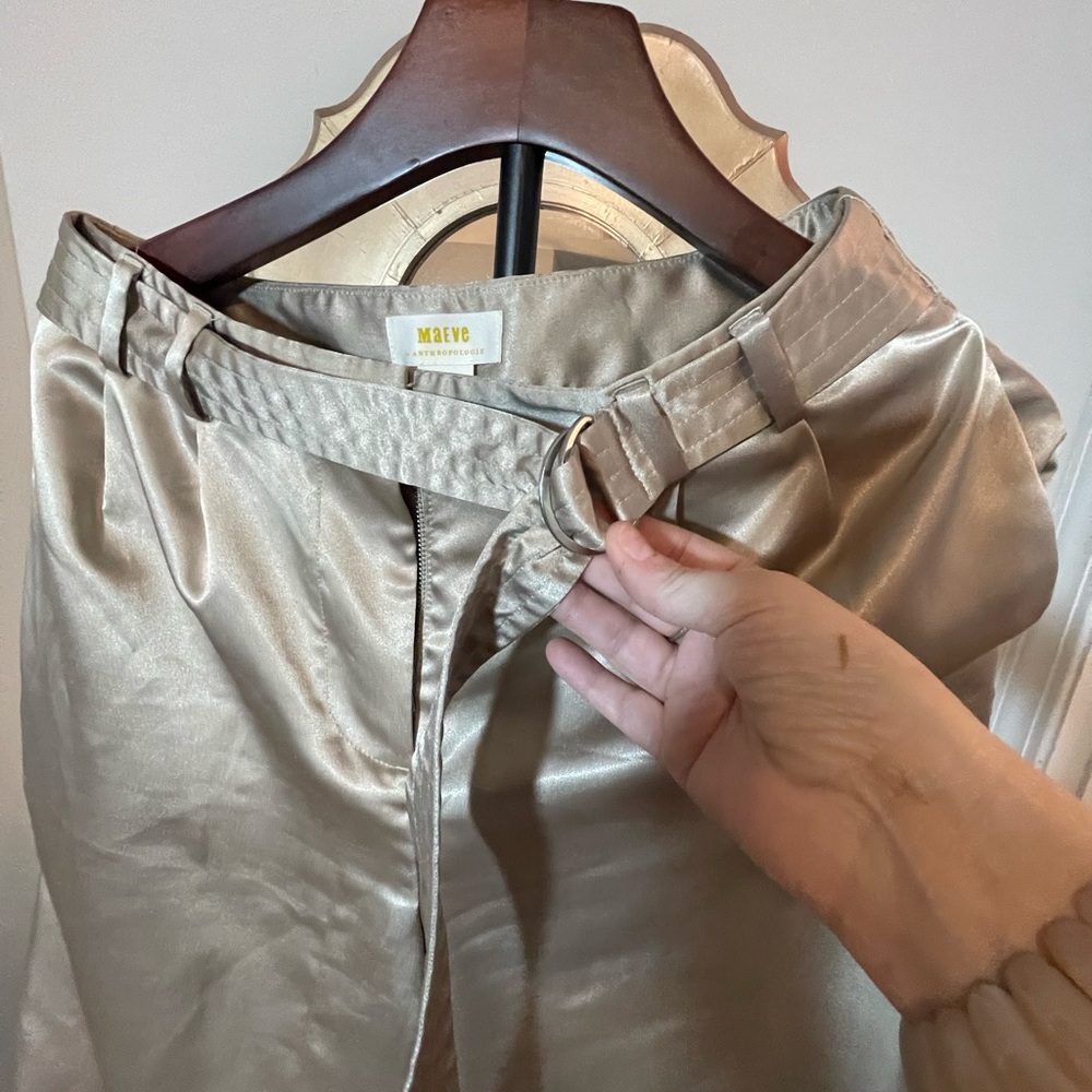 Anthropologie Maeve Satin Joggers w/ Belt Champagne Quiet Luxury Sophisticated - Picture 6 of 16